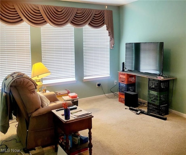 living room featuring carpet floors and baseboards