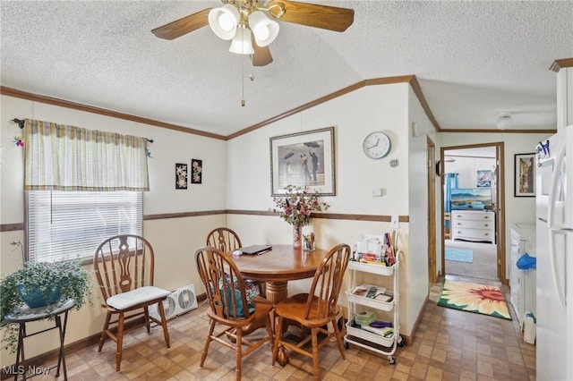 184 Garfield Ln, Jefferson, OH 44047 - dining room featuring ornamental molding, ceiling fan, and a textured ceiling
