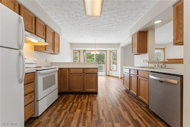 kitchen featuring under cabinet range hood, white appliances, a sink, a peninsula, and dark wood-type flooring