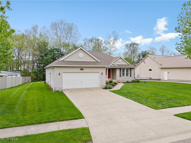 ranch-style house with driveway, a front lawn, fence, and an attached garage