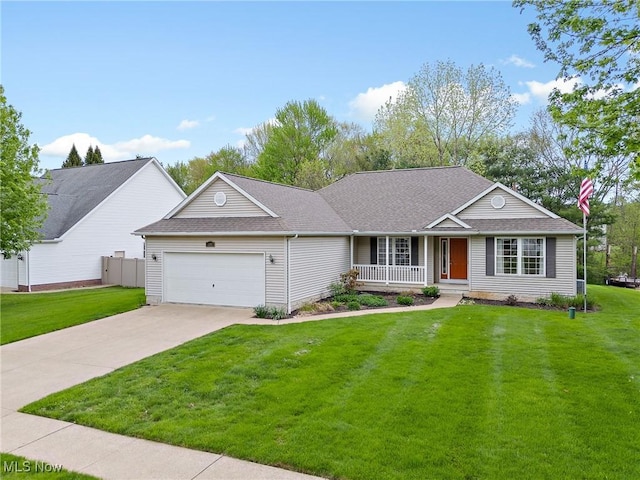 single story home with a front lawn, driveway, covered porch, and a garage