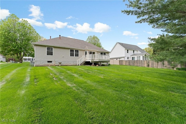 back of property featuring fence, a wooden deck, and a lawn