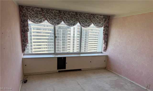 spare room featuring baseboards, ornamental molding, a healthy amount of sunlight, and light colored carpet