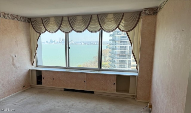 unfurnished room with a water view and carpet floors