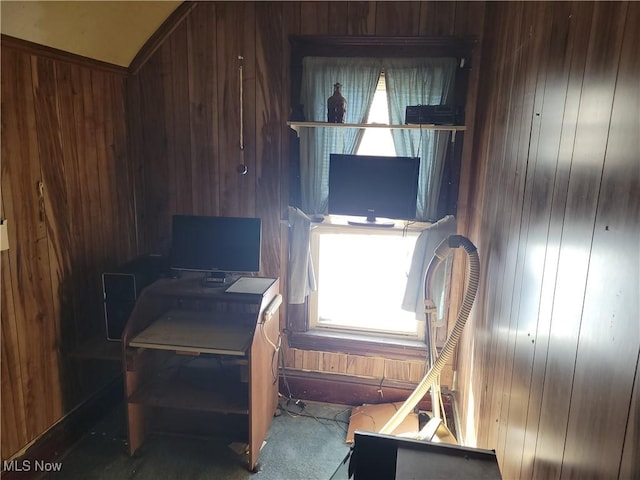 office space with wooden walls