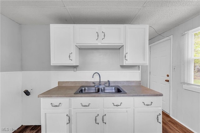 kitchen featuring a sink, dark wood-style flooring, and white cabinetry
