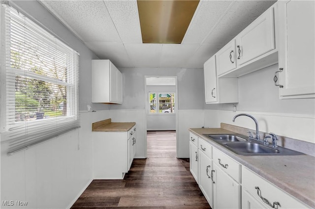 kitchen with a sink, dark wood-type flooring, a drop ceiling, light countertops, and white cabinets