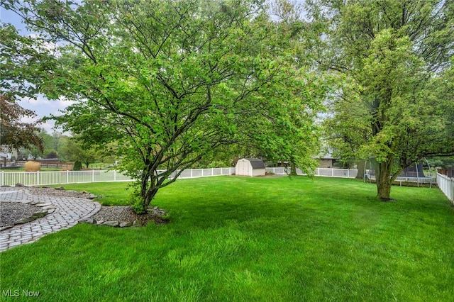 view of yard featuring a storage shed, an outdoor structure, and a fenced backyard