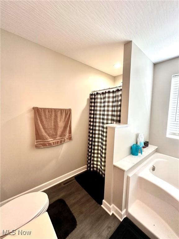 11149 Rankin Rd, Glenford, OH 43739 - bathroom with wood finished floors, a garden tub, baseboards, a shower with curtain, and toilet