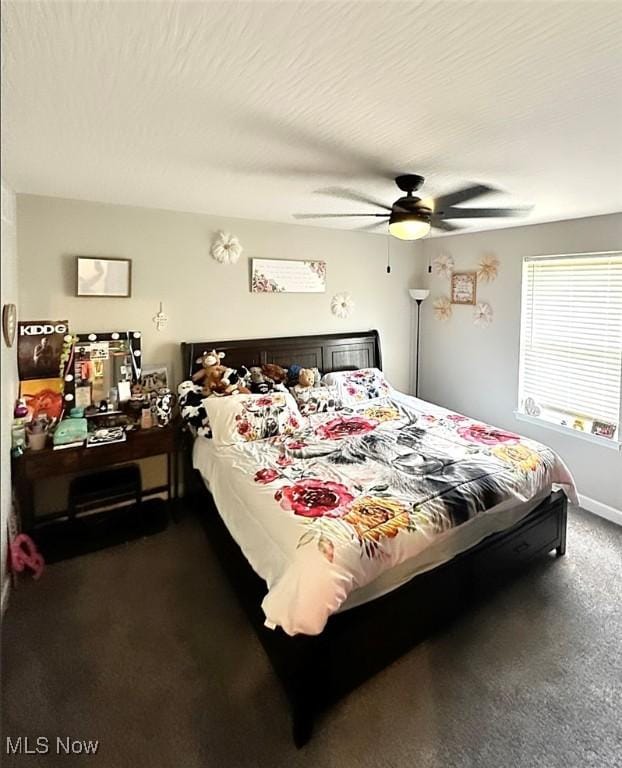 11149 Rankin Rd, Glenford, OH 43739 - bedroom with dark colored carpet and ceiling fan