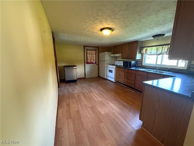 kitchen featuring under cabinet range hood, white appliances, a sink, dark countertops, and light wood-type flooring