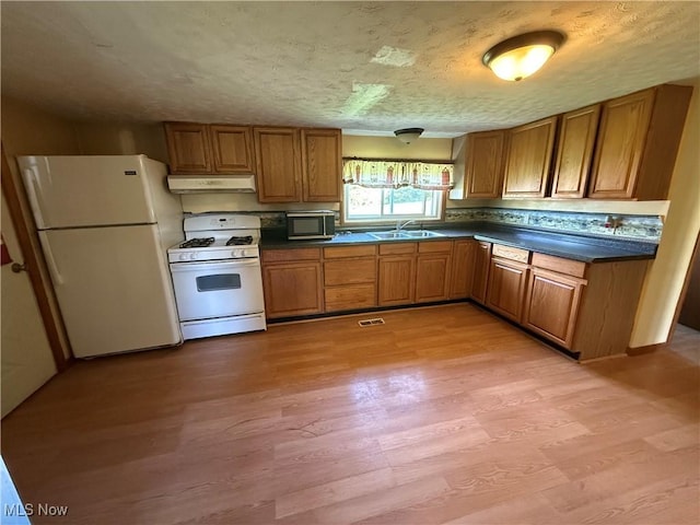 kitchen featuring white appliances, brown cabinets, under cabinet range hood, light wood finished floors, and dark countertops