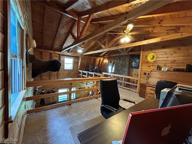 165 Township Rd Unit 1461, Greenwich, OH 44805 - office with wooden ceiling, wooden walls, ceiling fan, and vaulted ceiling with beams