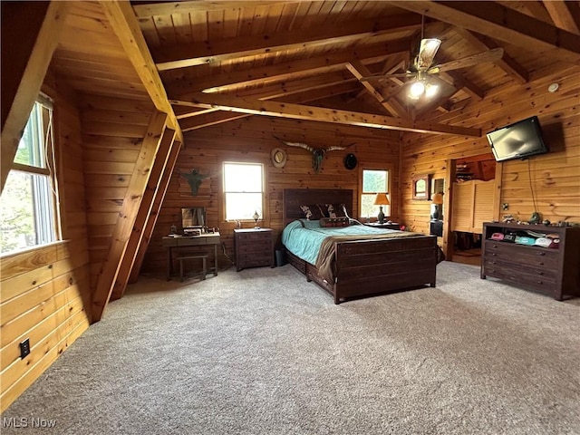 165 Township Rd Unit 1461, Greenwich, OH 44805 - carpeted bedroom featuring wood walls, wood ceiling, and vaulted ceiling with beams