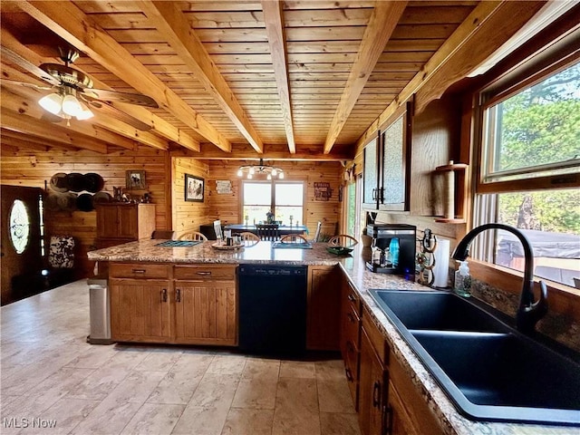 165 Township Rd Unit 1461, Greenwich, OH 44805 - kitchen featuring a peninsula, a sink, beam ceiling, wood walls, and dishwasher
