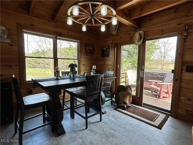 165 Township Rd Unit 1461, Greenwich, OH 44805 - dining area with beamed ceiling, wood walls, and wooden ceiling