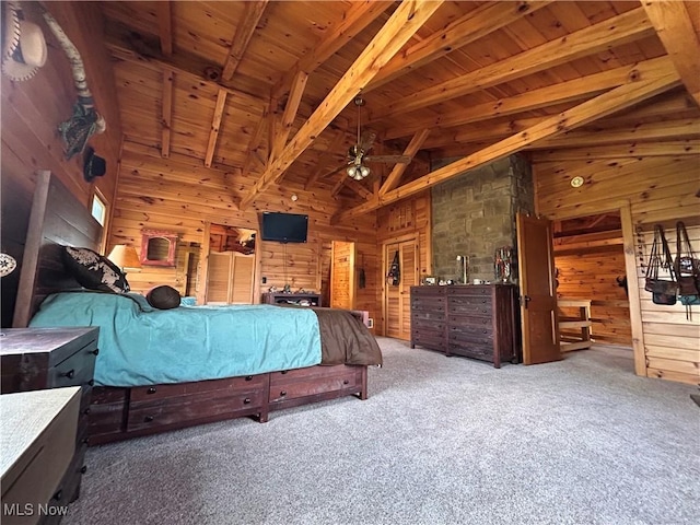 165 Township Rd Unit 1461, Greenwich, OH 44805 - bedroom featuring carpet, high vaulted ceiling, beamed ceiling, wooden ceiling, and wooden walls