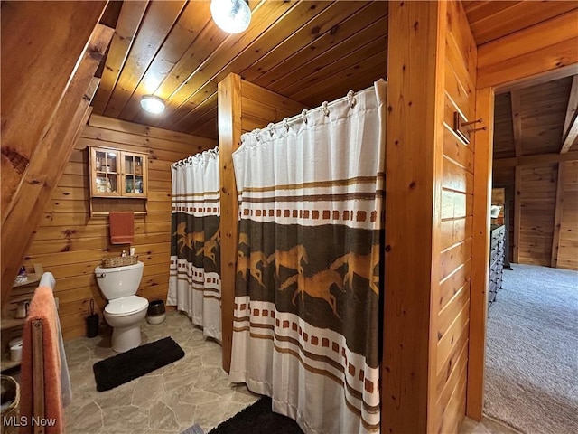 165 Township Rd Unit 1461, Greenwich, OH 44805 - bathroom with wooden ceiling, wooden walls, a shower with shower curtain, and toilet