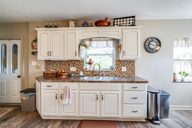 396 2nd St NE, Carrollton, OH 44615 - kitchen featuring a sink, dark countertops, backsplash, wood finished floors, and a textured ceiling