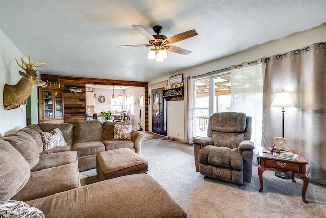 396 2nd St NE, Carrollton, OH 44615 - living area featuring carpet floors, ceiling fan, and a textured ceiling