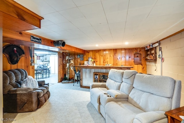 396 2nd St NE, Carrollton, OH 44615 - carpeted living room with wooden walls and a dry bar