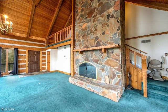 6570 State Route 339, Vincent, OH 45784 - unfurnished living room with a stone fireplace, wooden ceiling, beamed ceiling, and carpet floors