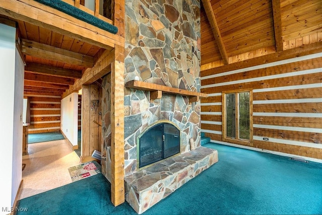 6570 State Route 339, Vincent, OH 45784 - unfurnished living room with a fireplace, carpet floors, wood ceiling, and beamed ceiling