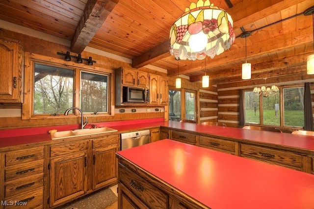 6570 State Route 339, Vincent, OH 45784 - kitchen featuring wood ceiling, stainless steel appliances, brown cabinetry, and a sink