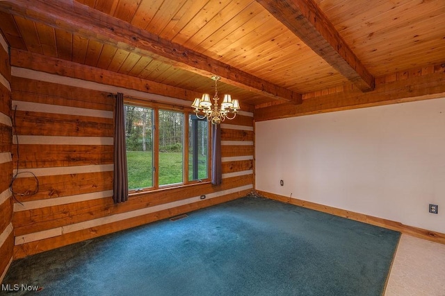 6570 State Route 339, Vincent, OH 45784 - carpeted empty room with visible vents, wood ceiling, wood walls, a chandelier, and beamed ceiling