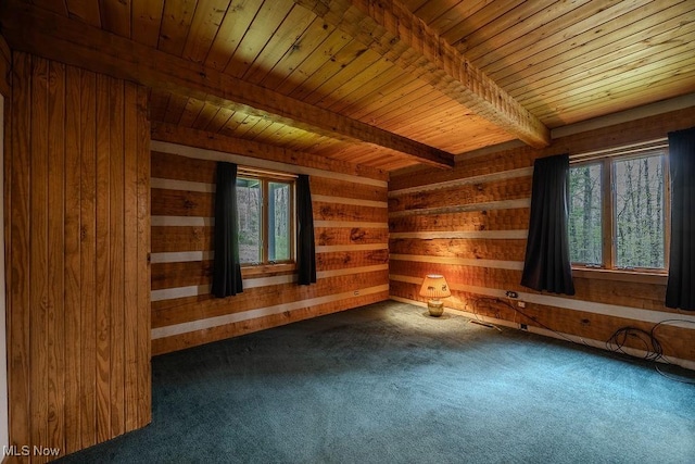 6570 State Route 339, Vincent, OH 45784 - carpeted spare room with wood ceiling, plenty of natural light, wood walls, and beamed ceiling