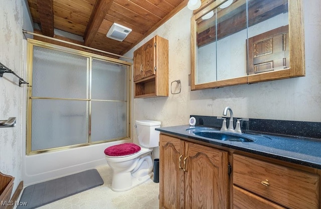 6570 State Route 339, Vincent, OH 45784 - bathroom with toilet, beam ceiling, vanity, wooden ceiling, and combined bath / shower with glass door