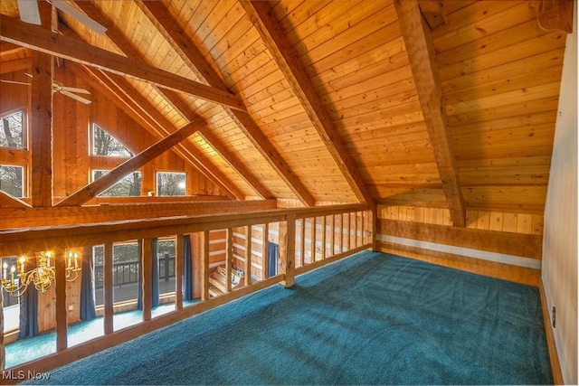 6570 State Route 339, Vincent, OH 45784 - additional living space with a ceiling fan, carpet, wooden ceiling, and lofted ceiling with beams