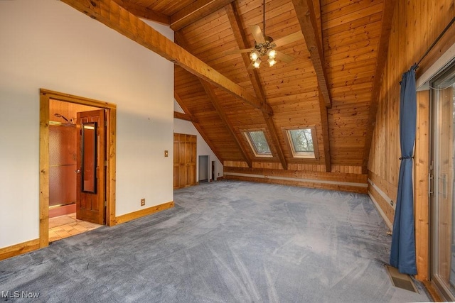 6570 State Route 339, Vincent, OH 45784 - additional living space with baseboards, visible vents, wood ceiling, vaulted ceiling with beams, and carpet floors