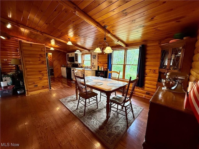 5103 Brocade Rd SE, Amsterdam, OH 43903 - dining room with log walls, wood finished floors, wood ceiling, and a chandelier