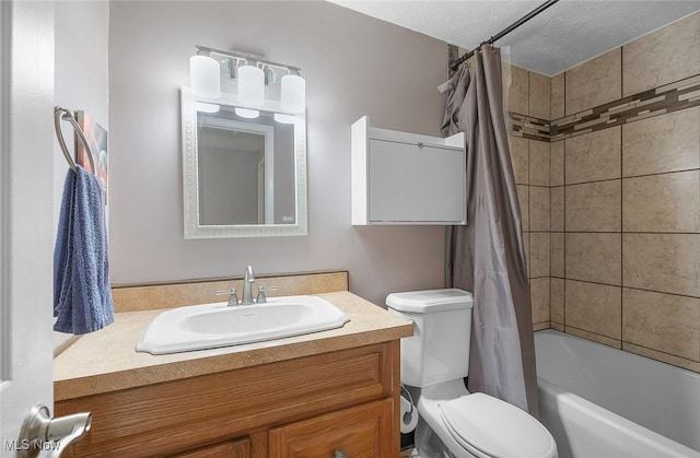 full bath with toilet, shower / tub combo with curtain, and vanity