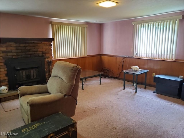 34671 Lake Shore Blvd, Timberlake, OH 44095 - living area with carpet, wainscoting, a fireplace, and wooden walls