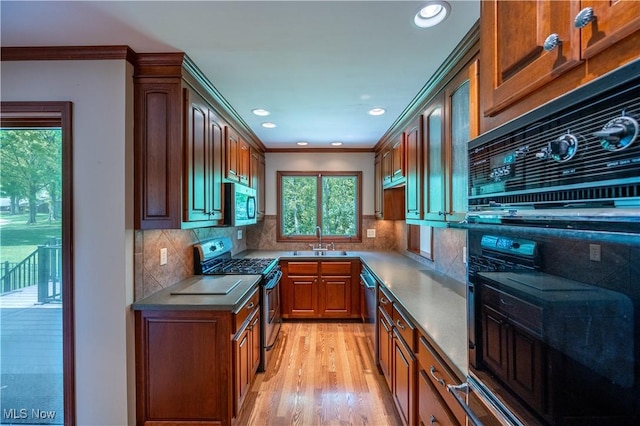 kitchen featuring appliances with stainless steel finishes, light wood-type flooring, decorative backsplash, a sink, and ornamental molding