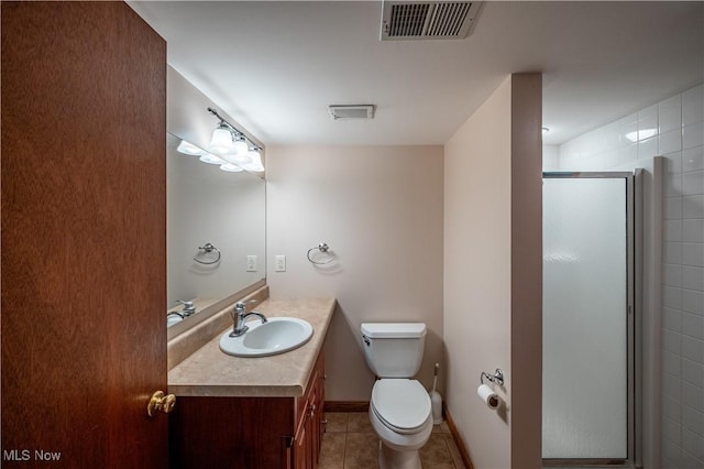 full bath featuring a shower stall, tile patterned floors, vanity, and toilet