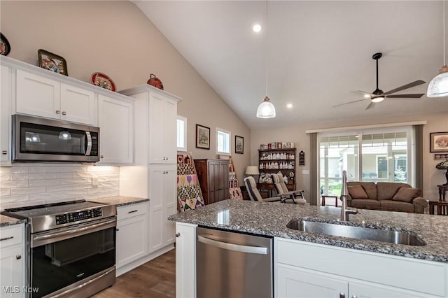 kitchen featuring appliances with stainless steel finishes, lofted ceiling, open floor plan, a sink, and a ceiling fan