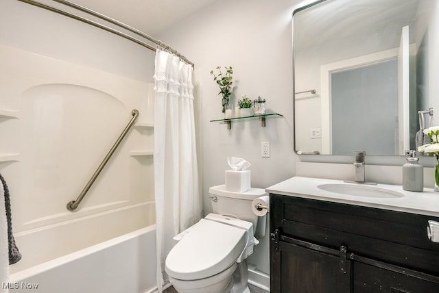 full bath with toilet, vanity, and shower / bath combo