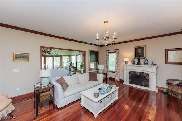 3286 Marks Rd, Medina, OH 44256 - living area featuring a chandelier, dark wood-type flooring, baseboards, plenty of natural light, and ornamental molding