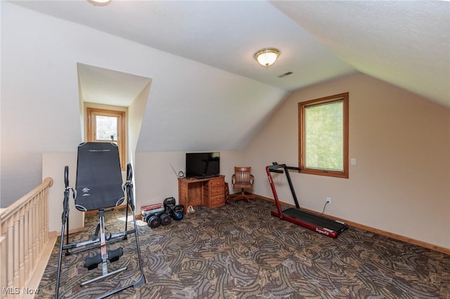3286 Marks Rd, Medina, OH 44256 - workout area featuring carpet flooring, vaulted ceiling, and baseboards