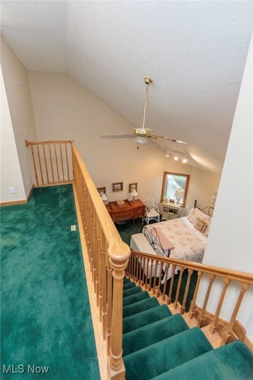 3286 Marks Rd, Medina, OH 44256 - stairway with carpet floors, a ceiling fan, lofted ceiling, and baseboards