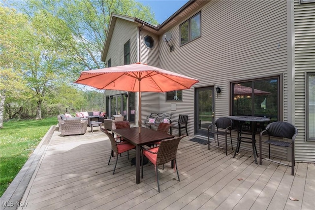 3286 Marks Rd, Medina, OH 44256 - wooden terrace featuring an outdoor living space, a lawn, and outdoor dining space
