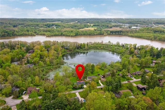 aerial view of property's location with a large body of water and a forest