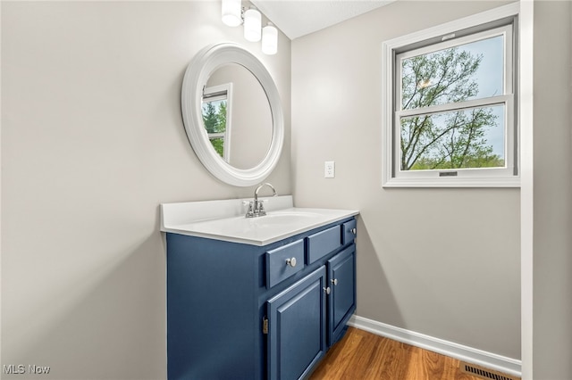 bathroom featuring wood finished floors, vanity, and baseboards