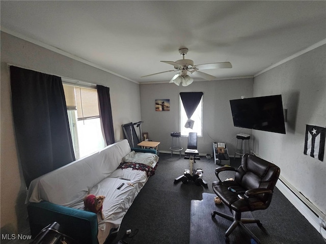 living room with crown molding, ceiling fan, carpet floors, baseboard heating, and baseboards