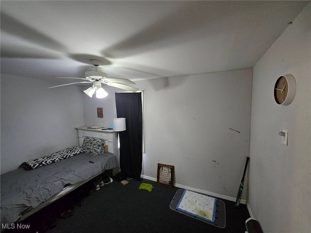 bedroom with carpet floors, a ceiling fan, and baseboards