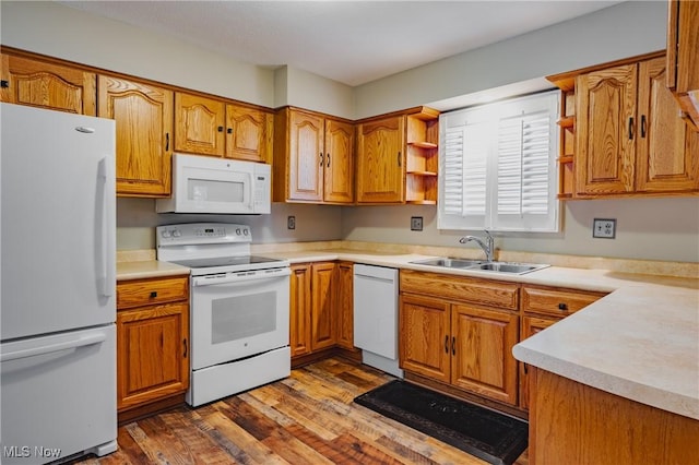 312 58th St, Vienna, WV 26105 - kitchen with white appliances, open shelves, a sink, and brown cabinetry