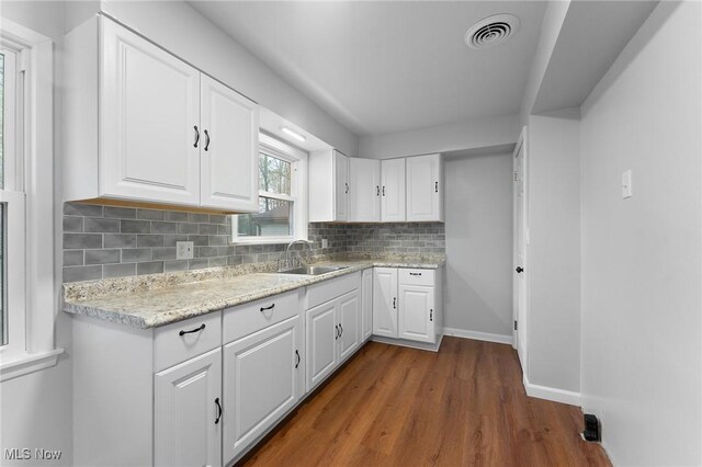 283 Maple St, Newton Falls, OH 44444 - kitchen featuring a sink, white cabinetry, dark wood-type flooring, decorative backsplash, and baseboards